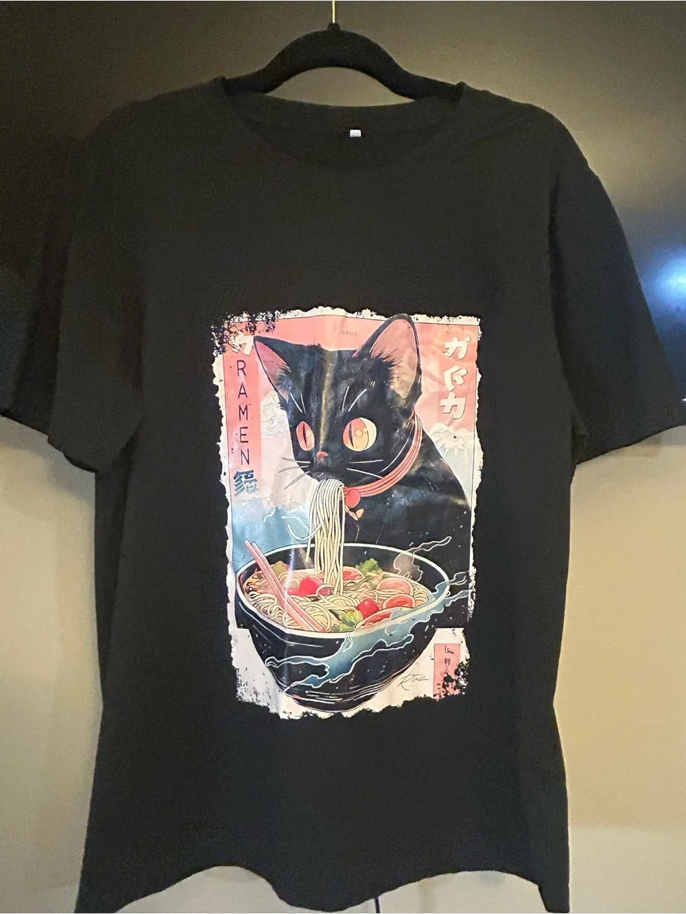Black Cat Ramen Graphic Tee - Playful Cat Noodle Design